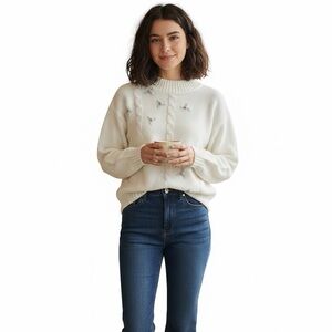 Vintage White Cable Knit Rosette Sweater Pink Mint Green Floral M Pastel Cottage